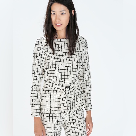 Zara Windowpane printed top with belt - Picture 1 of 3